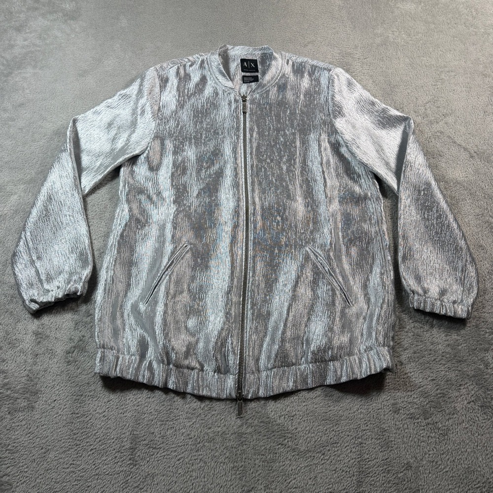 A|X Armani Exchange Metallic Longline Bomber‎ Jacket Womens XS Silver Full Zip